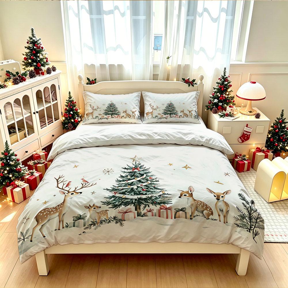 Deer Christmas Tree Snow Scene Duvet Cover Set 3 Piece Queen Size Soft Cozy Bedding Winter Holiday Gift for Family