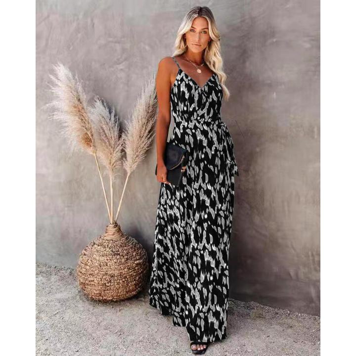 Sommerkleid für Damen, Neckholder, offener Neckholder, V-Ausschnitt, elastische Taille, sexy Print, langes Kleid