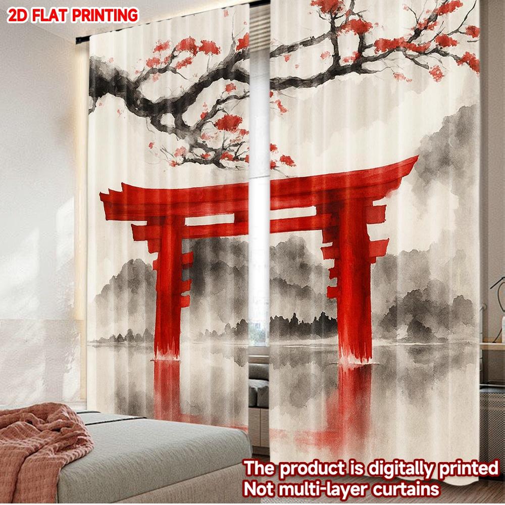 

Set Of 2 Flat Printing Scene Curtains Cherry Blossoms Over Torii Gate Digital Printed Polyester Drapes Holiday Decorations Curtain W100*H70(CM)-Grommet top&1PCS