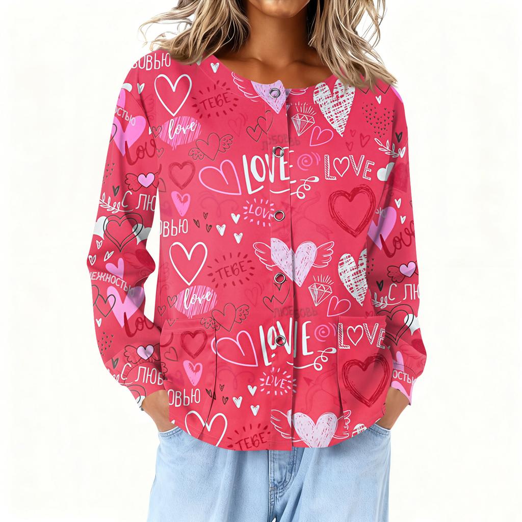 Women Long Sleeve Printed Pocket Working Stand Collar Single-breasted Protective Overalls Cardigan Jacket Top