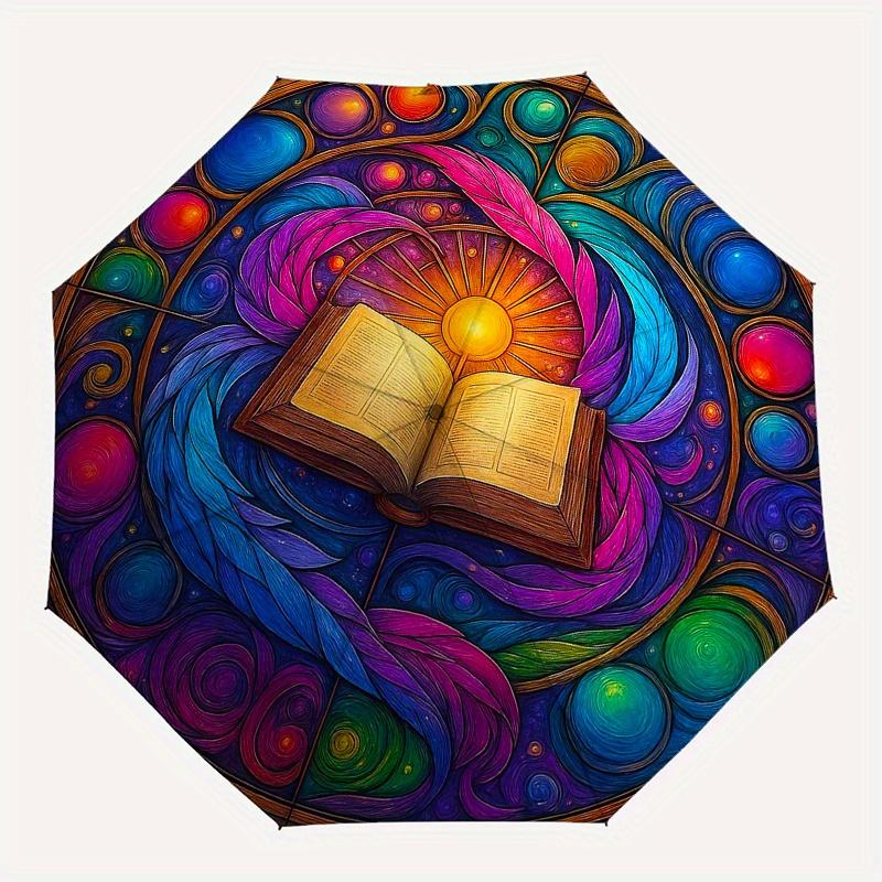 Bunte Mandala-Kunst: Offenes Buch mit Federn und WirbelnRegenschirm, Tragbarer 3-Fach Kompakter Regenschirm für Männer & Frauen Geschenk