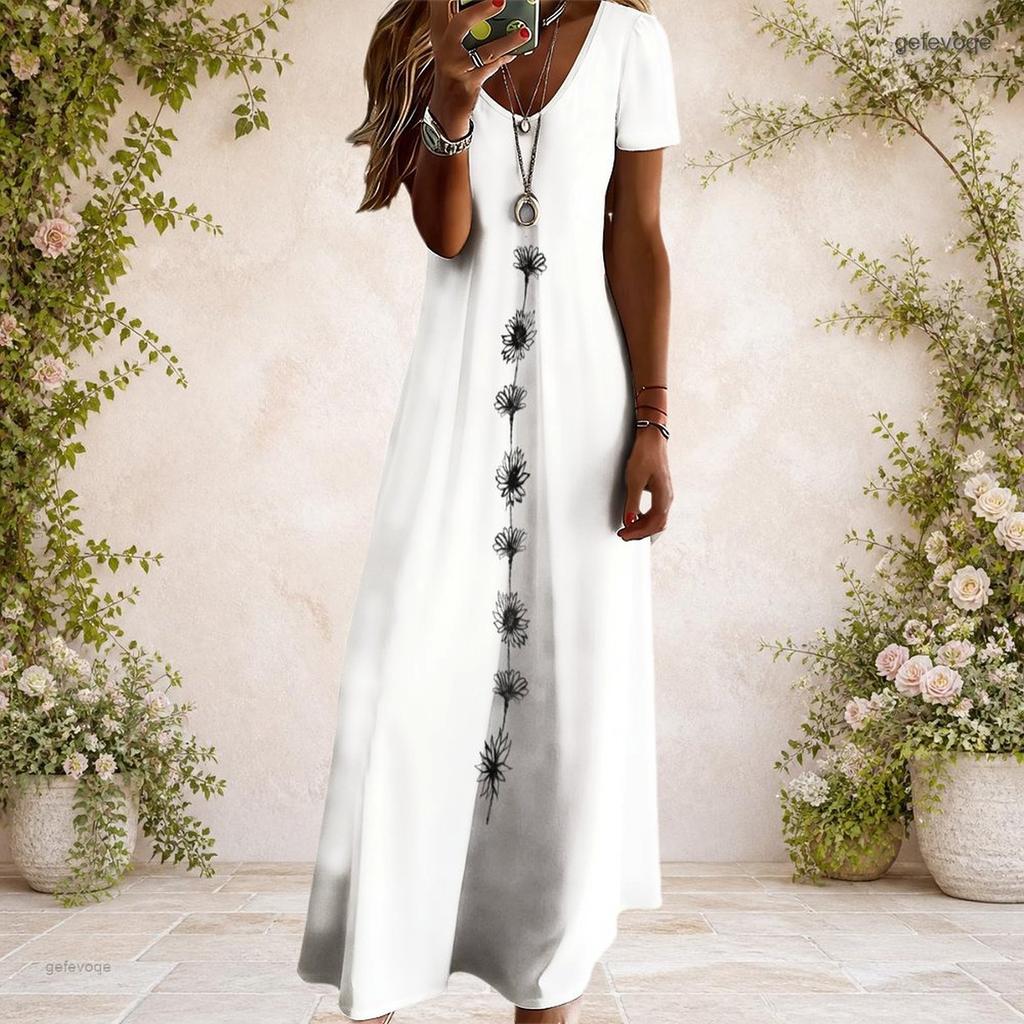 Women Plus Size V Neck Short Sleeve Grey Printed Straight Long Dress