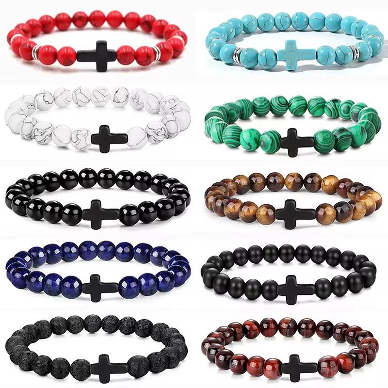 Prayer Men Natural Stone Wood Beads Rosary Hematite Cross Bracelets Onyx Meditation Bracelet Women Yoga Zircon Homme Pulsera