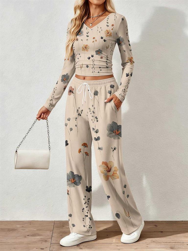 Floral pattern printed women's V-neck long-sleeved trousers set Comfortable casual versatile slim two-piece set