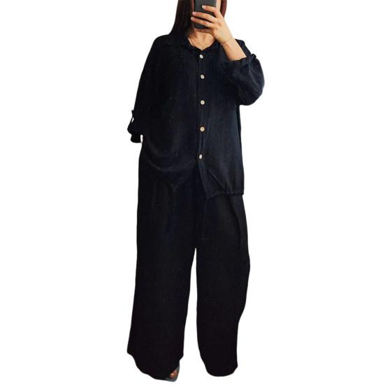 Dámský bavlněno-lněný dvoudílný outfit, ležérní, s dlouhým rukávem, na knoflíky, se stahovací šňůrkou