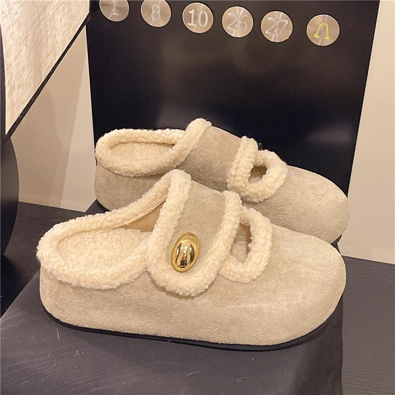 

Ретро пушистые тапочки на толстой подошве для женской уличной обуви 2025 новая зимняя бархатная теплая сумка-голова полусабо на одной педали хлопковые тапочки 40 абрикосовый