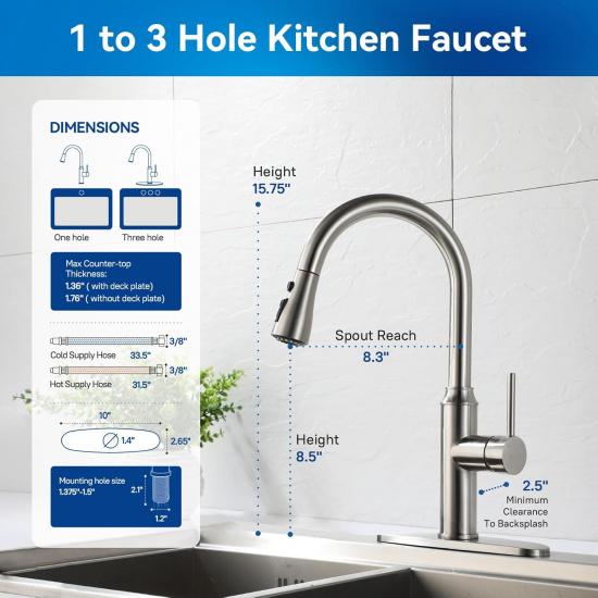 Arofa Kitchen Faucet with Pull Down Sprayer, Brushed Nickel Kitchen Sink Faucet 1-3 Hole Single Handle High Arc Stainless Steel Commercial Modern