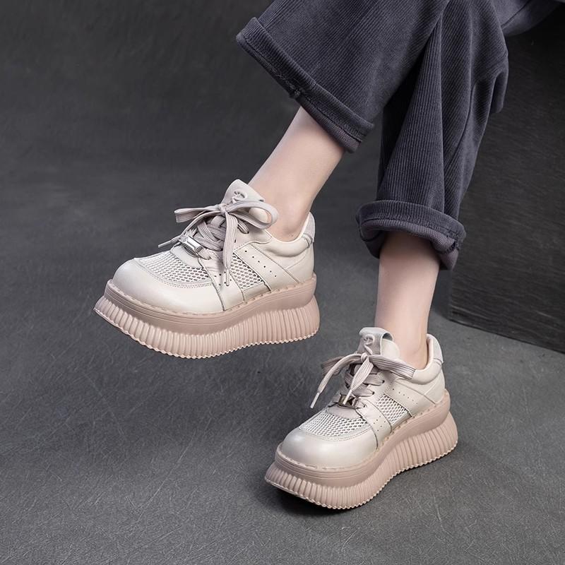 Fashion GKTINOO 2025 Spring New Thick Soled Increased Height Genuine Leather Splicing Breathable Mesh Women's Flat Platform Shoes