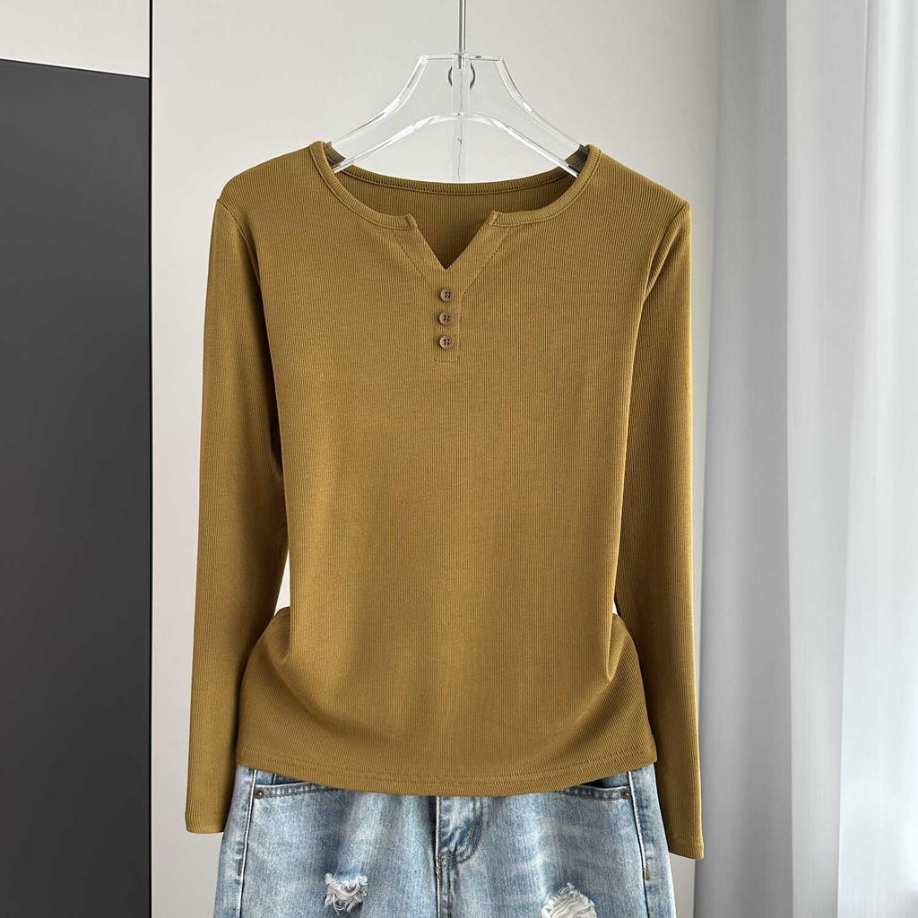 Stylish Long Sleeve T-Shirt Ribbed Slim Standard Shoulder Top For Autumn Stretchy Slim Base Layer Soft Ribbed Fabric Good For Inner And Outer Wear Top