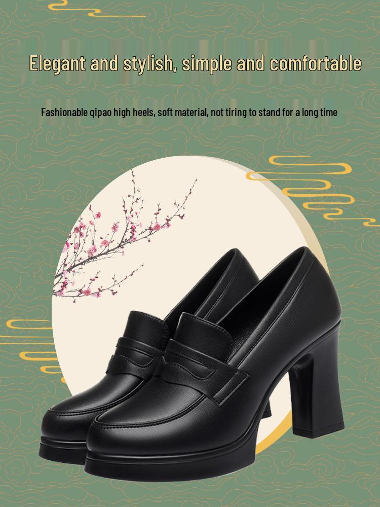 2024 Spring Women's Chunky Heel Platform Pointed Toe Leather Shoes