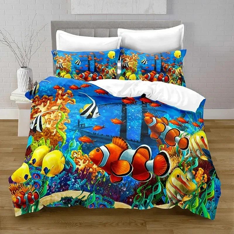 New Cartoon Ocean Fish Duvet Cover Marine Theme Bedding Set Twin Decor Microfiber Sea Underwater World Comforter Cover