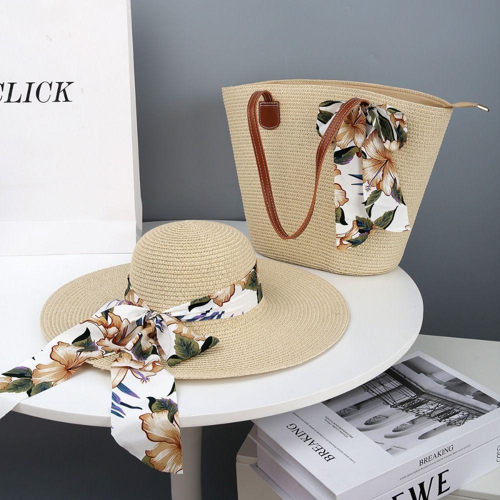 Sun Protection Straw Beach Hat Large Capacity Tote Bag Portable Beach Bag Travel Outdoors