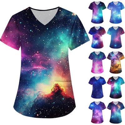 Women's Sky Print Loose V-neck Pocket Short-sleeved Uniform  Uniform