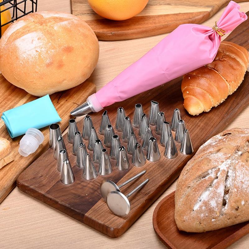 Cake Decorating Tools Set 32 Pipping Tips 2 Silicone Bags Couplers Flower Nails for DIY Baking Kitchen Gadgets Home Accessories