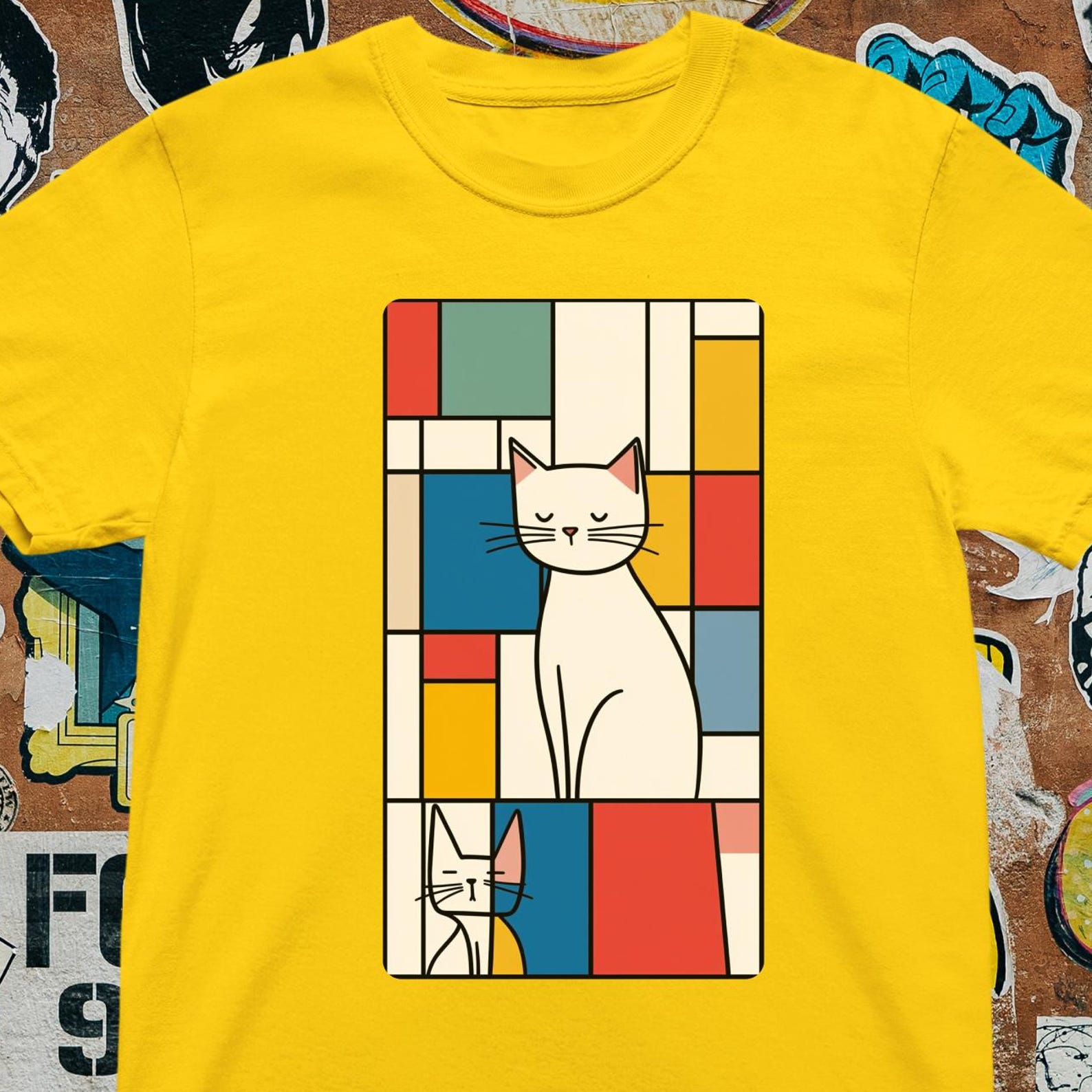 Mondrian Cat T-Shirt - Abstract Art Cat Tee, Modern Geometric 4XL