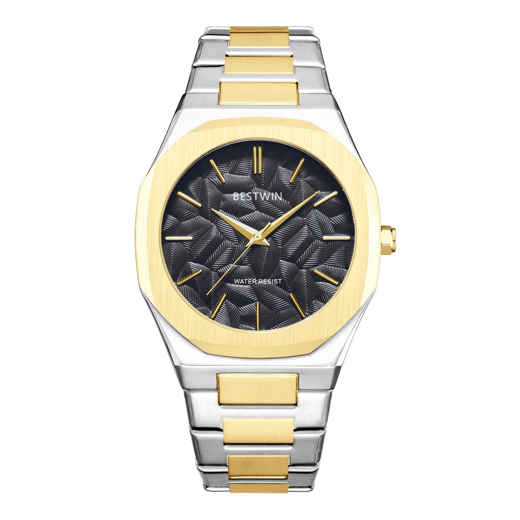 Men's Quartz Watch Embossed Leaf Dial Steel Band Waterproof Fashion Male Wristwatch Premium Quality Steel Strap Business Watches