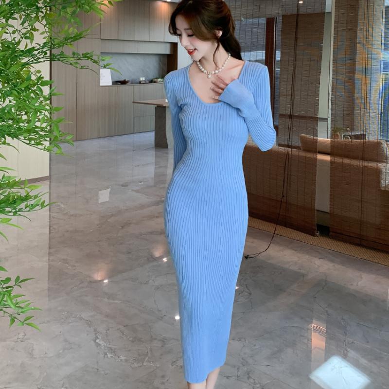 Autumn and Winter New Slim Fit Base Knitted Sexy Dress Women Elegant Mid Length V-neck Sweater Dress Women Solid High Waist Casual Party Dresses 25956