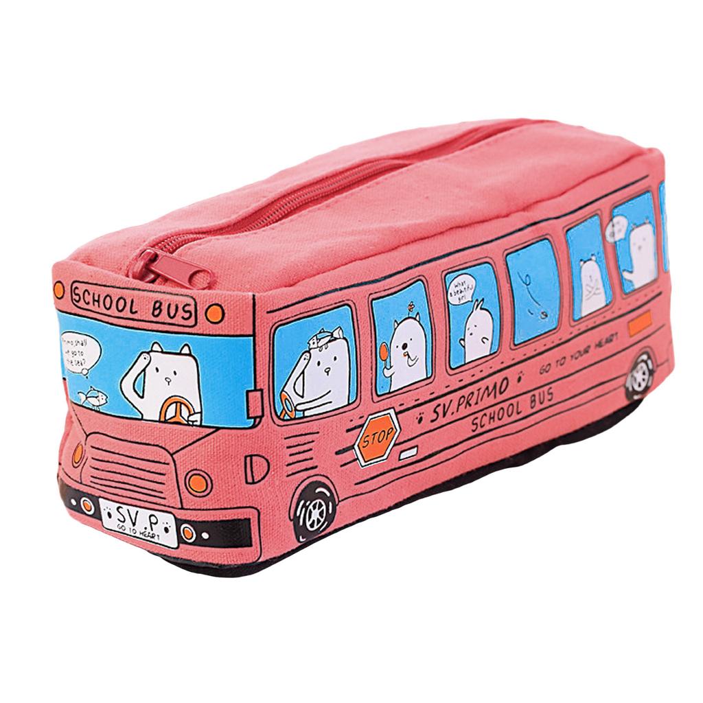 Cartoon Bus Shaped Pen Case Canvas Pen Bag Zippered Pen Pouches Big Capacity Pen Case Stationeries Organiser for Student