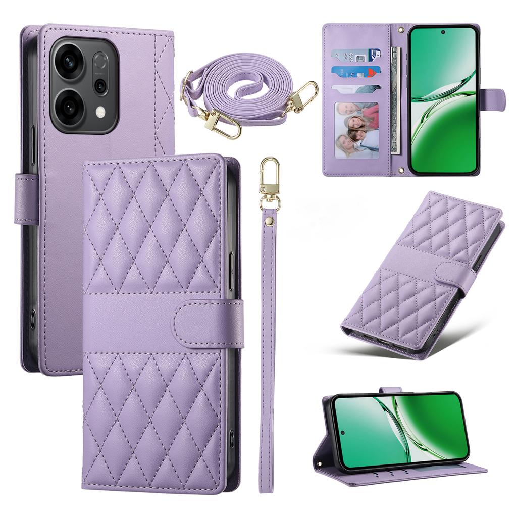 For Oppo Reno14 5G (Global) Case Rhombus Stitching Wallet Stand Leather Phone Cover with Long/Short Strap