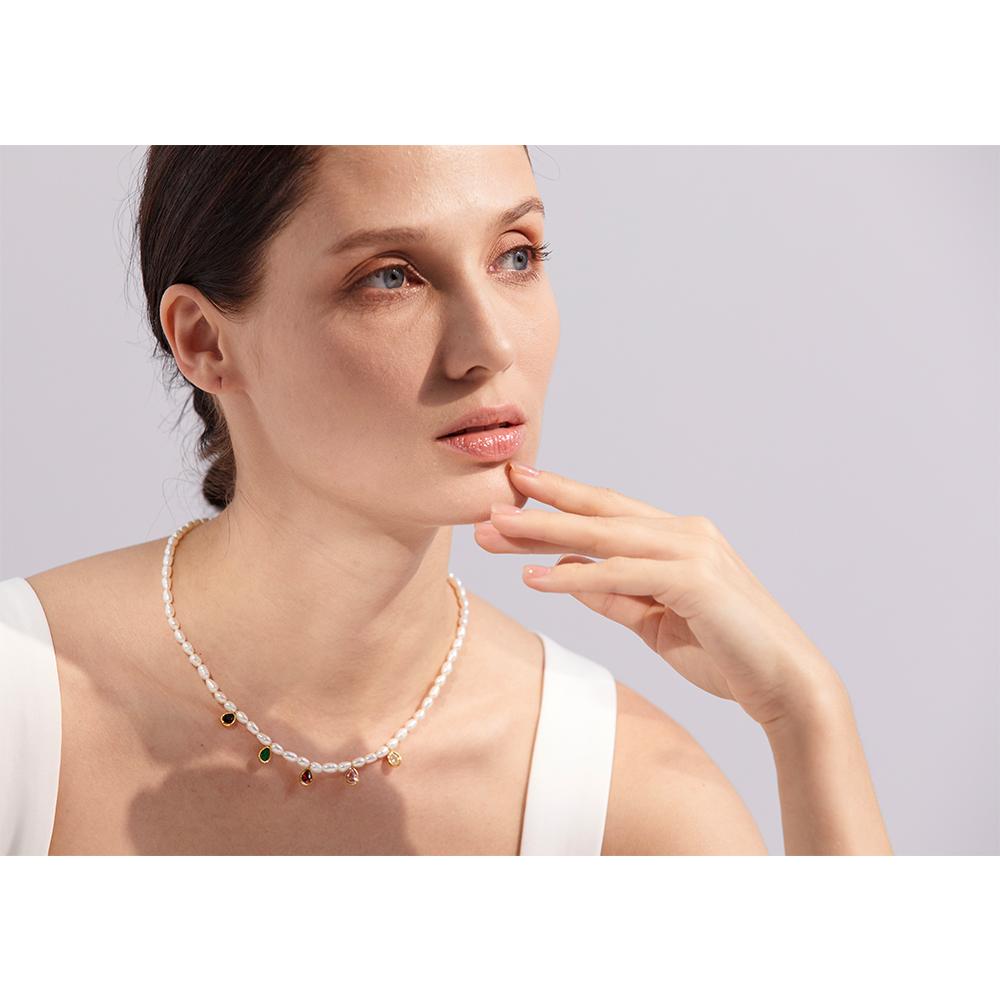 Yhpup Luxury Exquisite Natural Freshwater Pearl Colorful Cubic Zircon Stainless Steel Choker Necklace Romantic Charm Jewelry