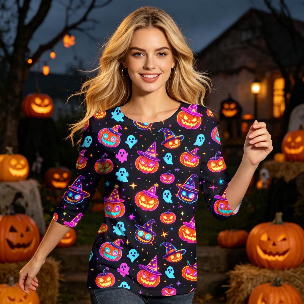 Women's Casual 3/4 Sleeve Halloween Printed Round Neck Top Lightweight Comfortable Fit Soft Fabric Pullover Shirt for Seasonal Wear