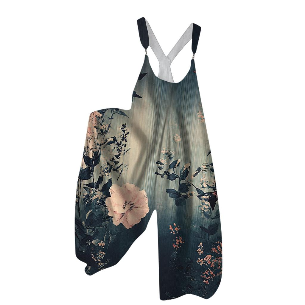 Women's Summer Strappy Pants Floral Print Vintage Jumpsuit ,Non-Adjustable Straps,