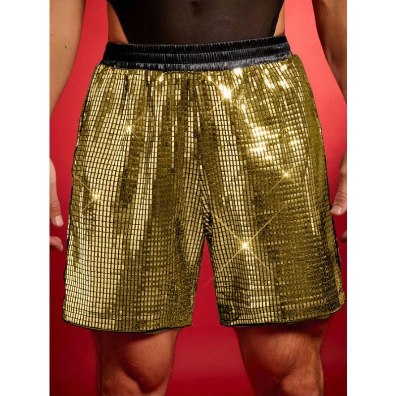 Pantalones Cortos Metálicos de Rejilla con Lentejuelas para Hombre Cintura Alta Elástica Brillo Fiesta Disco •