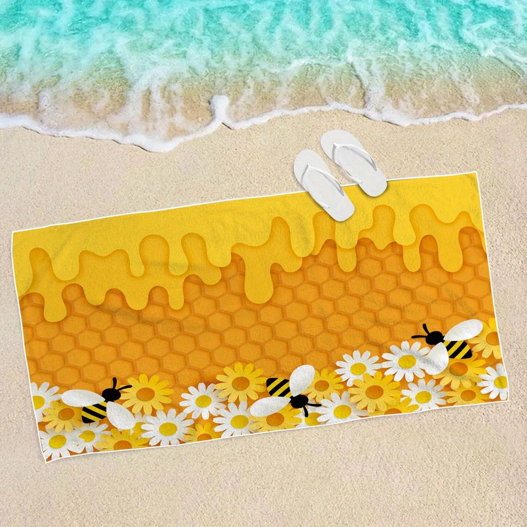 Honeycomb Bee Daisy Beach Towel Single Sided 2D Print Soft Microfiber Beach Towel Pool Beach Vacation Accessory Sunny Vibe Gift