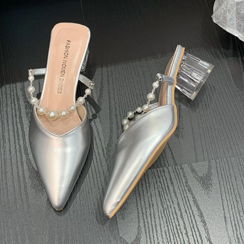 Fashion Women's Fashion Baotou Sandals Summer New Pointed Head Shallow Mouth Bead A Slip-on Wear Resistant Square Slippers With
