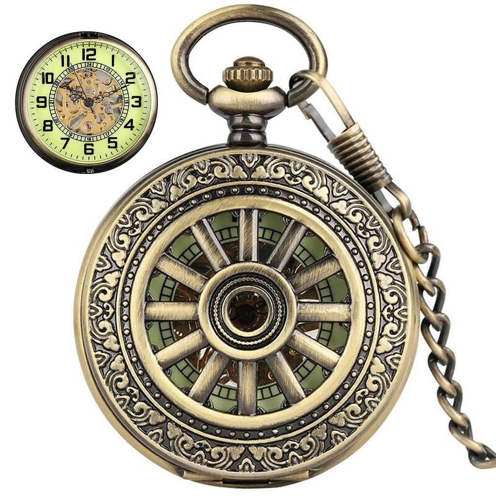 1 PC Vintage Mechanical Skeleton Roman Numeral Double Half Hunter Pocket Watch with 30cm Chain Watch Accessories