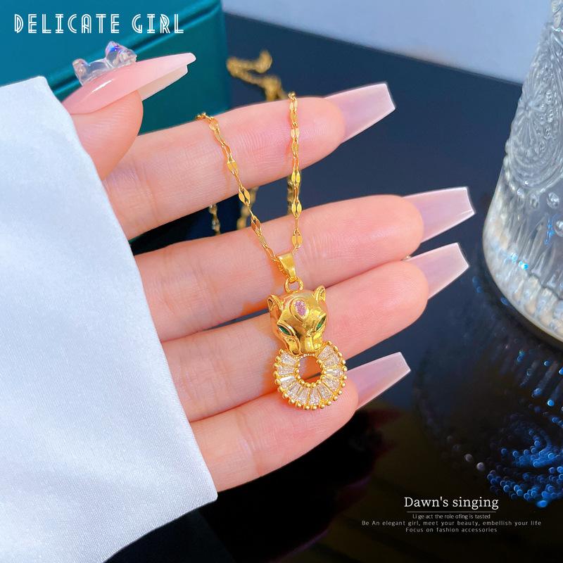 Titanium Steel Light Luxury Leopard Head Biscuits Zircon Light Luxury Design Versatile Korean Style Niche Design Live Necklace
