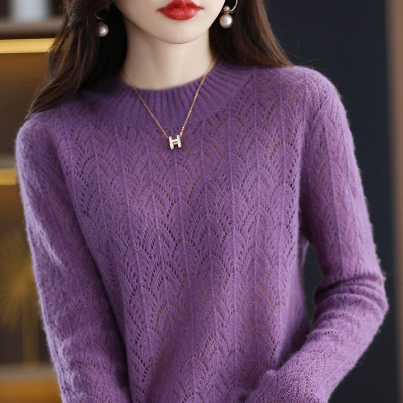 2026 Spring/Autumn Women's Solid Color Knitted Pullover: Half-High Collar, Long Sleeve, Hollow Out, Loose Fit, Stylish Base Layer Sweater
