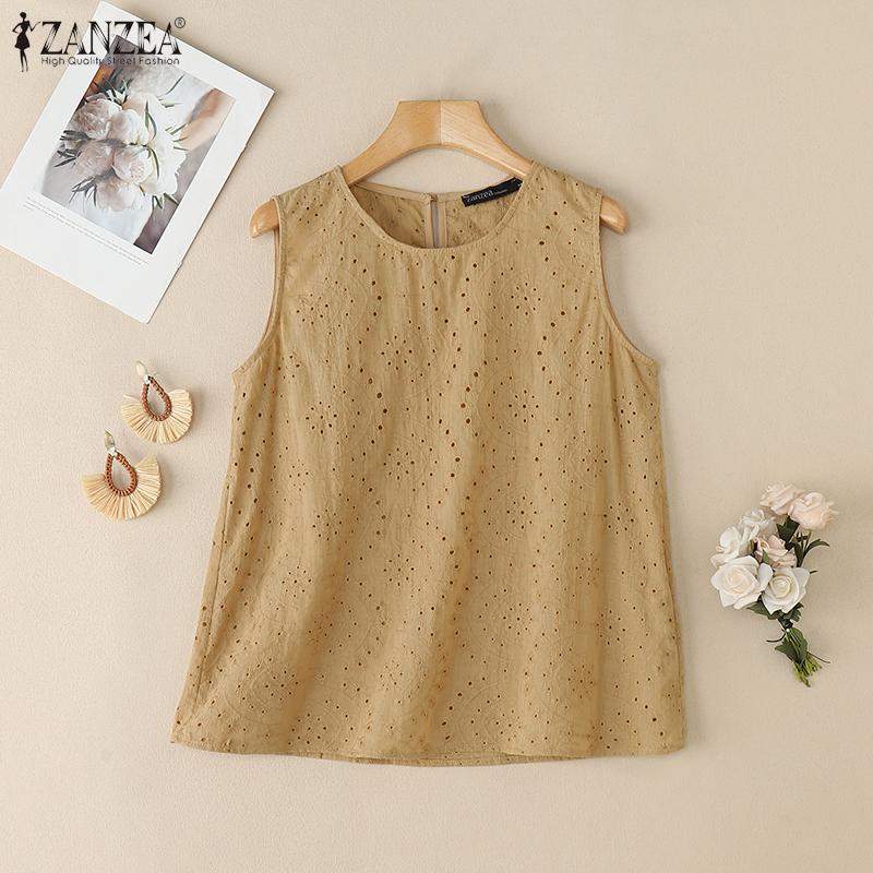 ZANZEA Women Casual Round Neck Summer Embroidery Crochet Sleeveless Tank Tops
