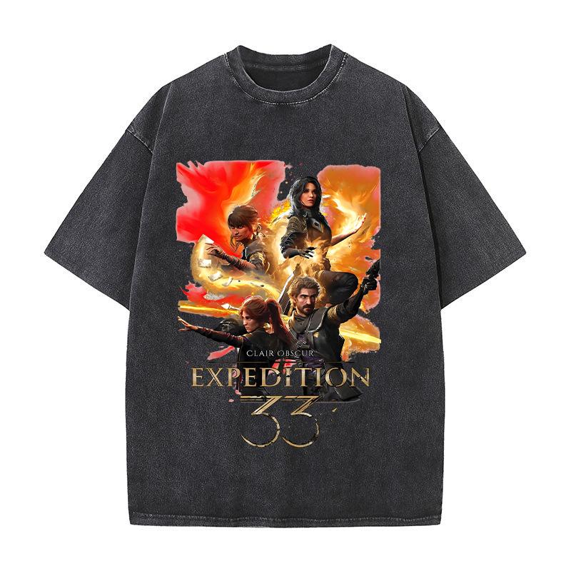 Cotton Washed Game T-shirt Clair Obscur Expedition 33 Print Men Women Streetwear Vintage Short Sleeve Game Fan Gift Tshirt
