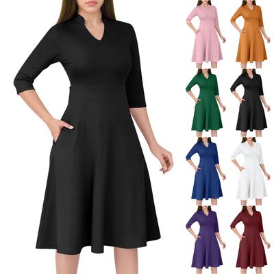 Women's Fashion V,Neck Three,Quarter Sleeve Church Work Dress With Pockets In Color