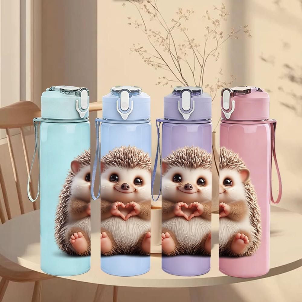 1PC Cute Hedgehog Animal Portrait Print 750ml Color Plastic Sports Water Bottle Leakproof Flip Straw Lid Suitable for Sports Office Home Use