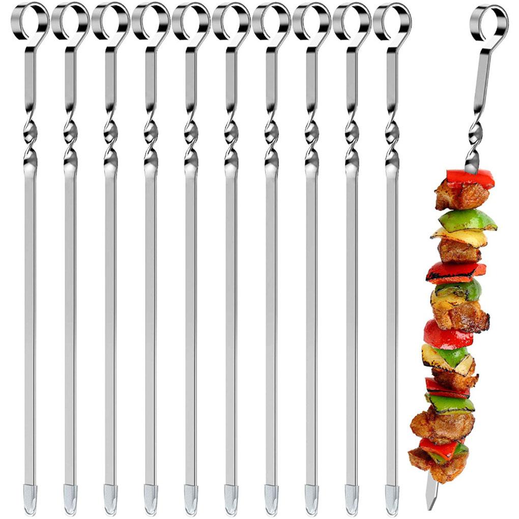 10pcs BBQ Skewers Stainless Barbecue Sticks Flat Cooking Skewers