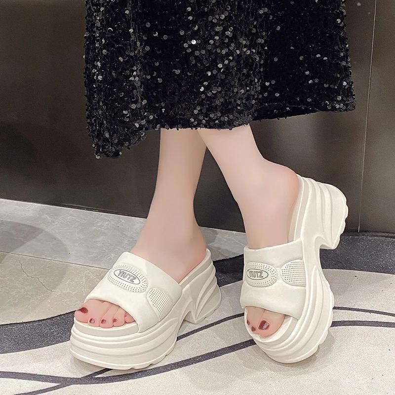 Fashion 8CM Fashion Platform High Slippers Women Open Toe Wedges Sandals Summer Soft Slipper Indoor Outdoor Leisure Beach Shoes Black