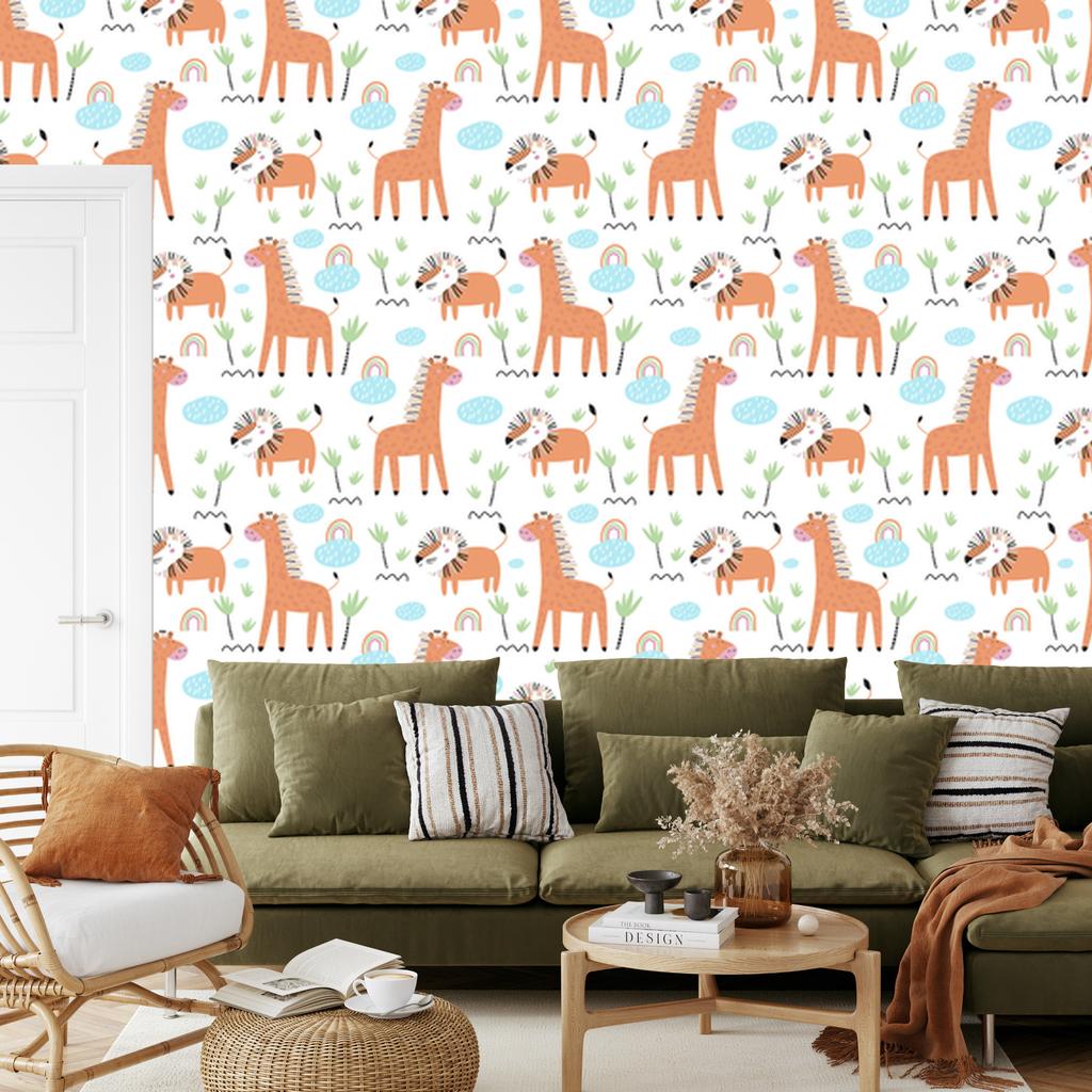 Wallpaper Safari Animals Lions Rainbows for Living Room and Bedroom 50x1000