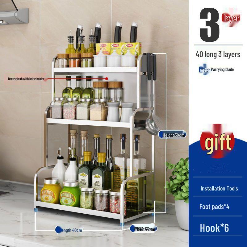 Multi-Functional 304 Stainless Steel Kitchen Shelf and Spice Rack with Knife Holder