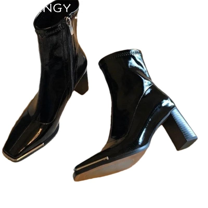 Women Leather Square Toe Ankle Boots Elegant High Heels Shoes Woman 2025 Trend Winter New Pumps Motorcycle Boots Mujer Botas