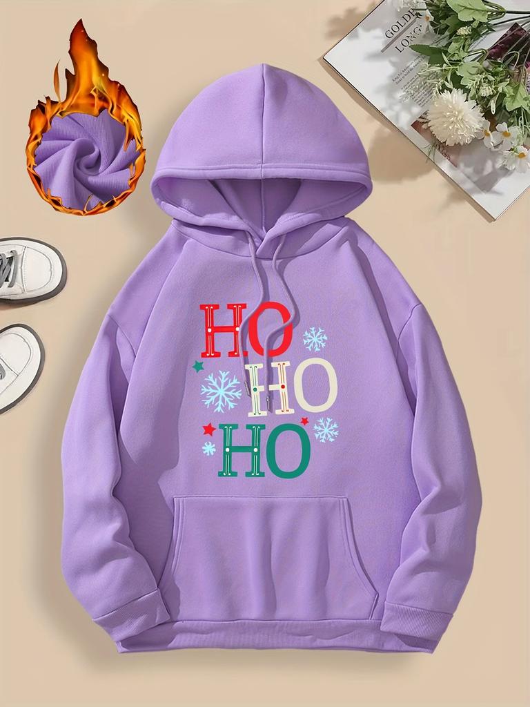 Plus Size Christmas Hoodie Sweatshirt for Women - Casual Polyester Hooded Pullover with Long Sleeves, Front Pocket, Slight Stretch