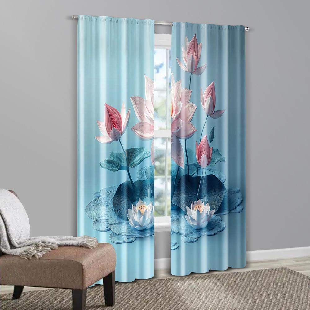 2pcs   Print Curtains 2D print light blue lotus Polyester (without rod) All Seasons for Bedroom   Living Room