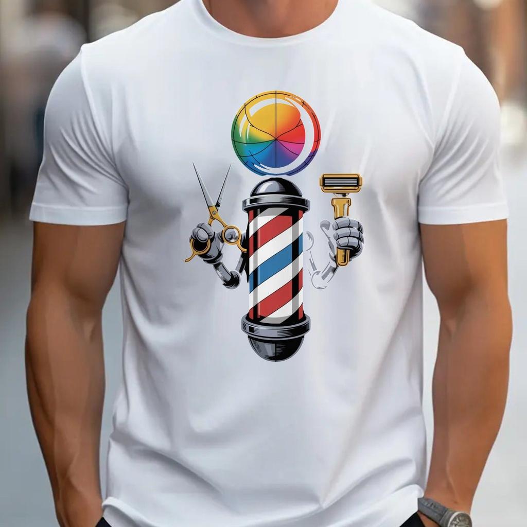 Barber Pole Rainbow Basketball Graphic Print Mens Black Cotton Casual Short Sleeve TShirt