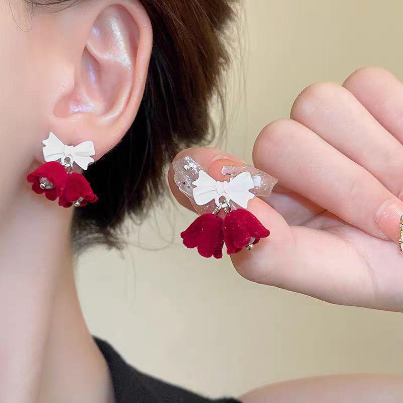 925 Sterling Silver Flock Bow Christmas Bell Pearl Earrings - Cute Korean Light Luxury