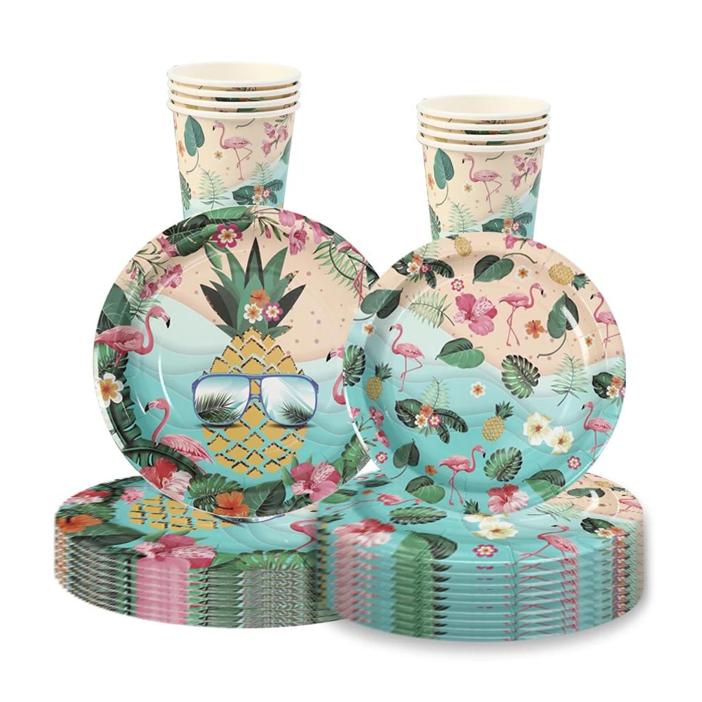 Hawaii Pineapple Disposable Tableware Summer Beach Party Supplies Pineapple Flamingo Plates Napkins Cup Hawaiian Party Decor