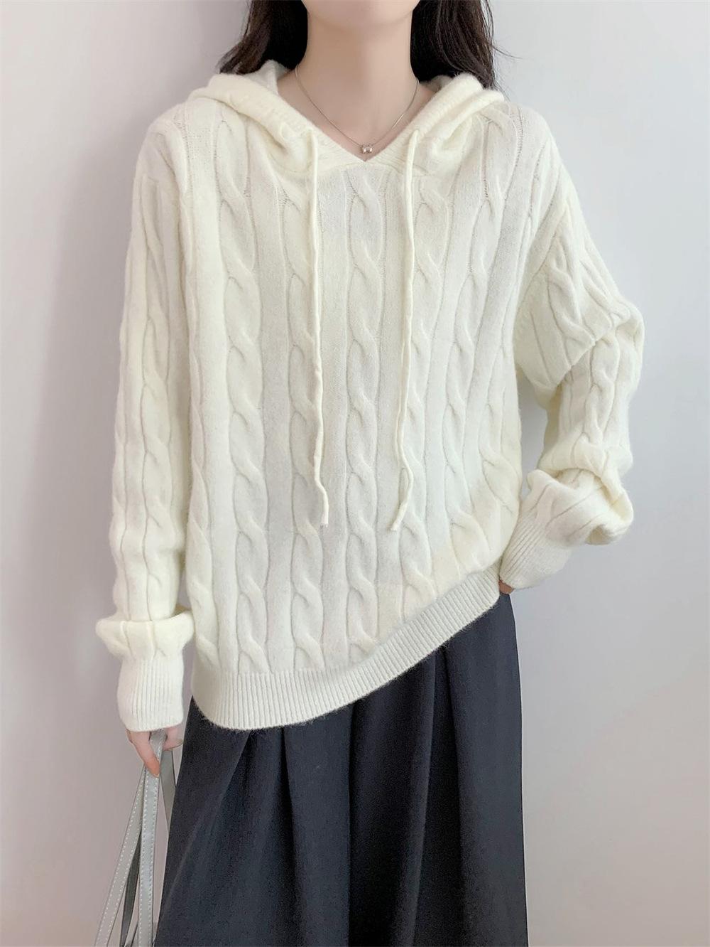 

Retro twist hooded pullover sweater women s autumn and winter new lazy loose casual wear knitted sweater top One size