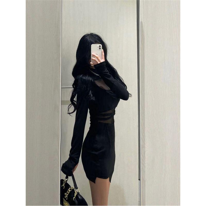 French Chic Design Mesh Long Sleeve Dress Women's Early Spring Spice Girls Sexy Tight Inside Hip Wrap Skirt