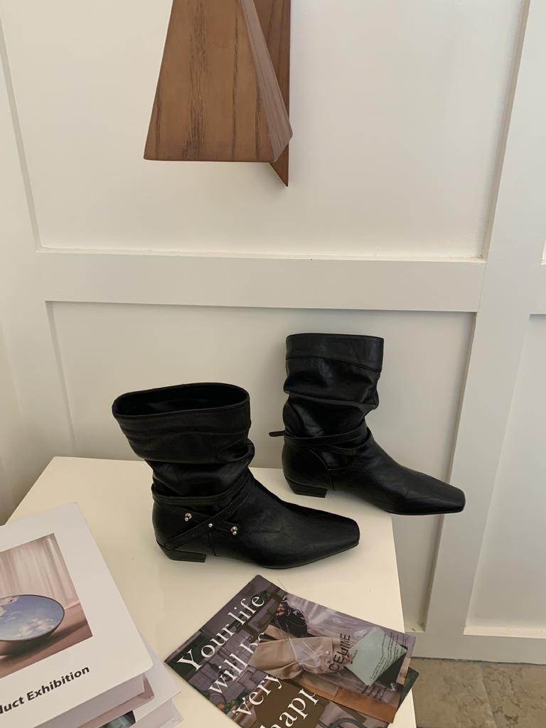 Autumn and winter new square head thick heel short heel temperament French fashion belt buckle medium boots black khaki coffee