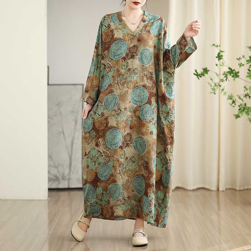 Women's New Color V-neck Retro Long Skirt Cotton Linen Dress